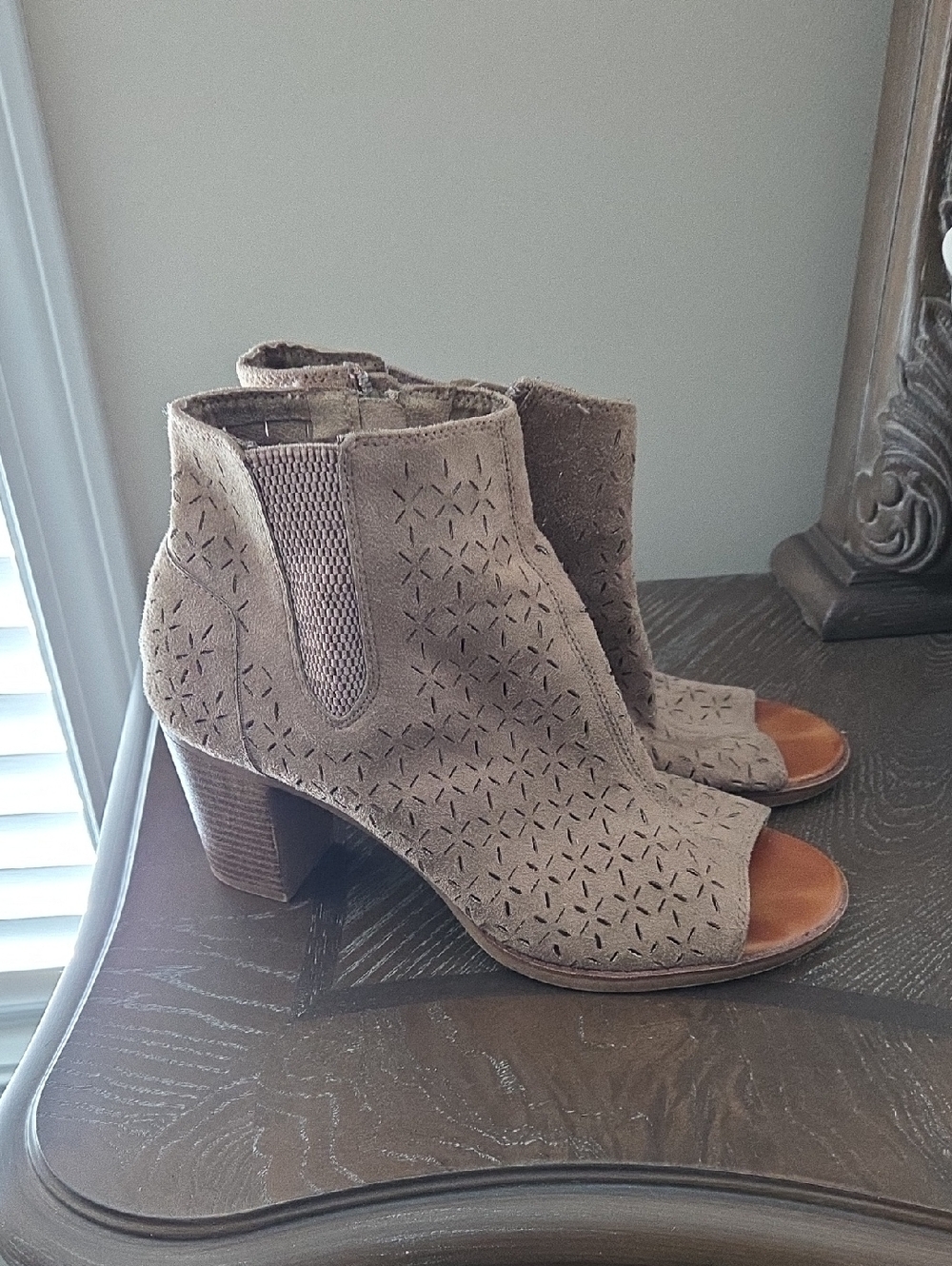 Rock & Candy Taupe Suede Peep-Toe Laser-Cut Ankle Booties